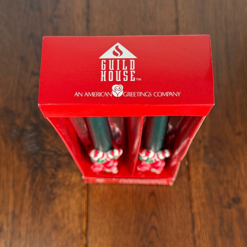Vintage Green Christmas Taper Candles | Candy Cane & Bow Design | Holiday Decor